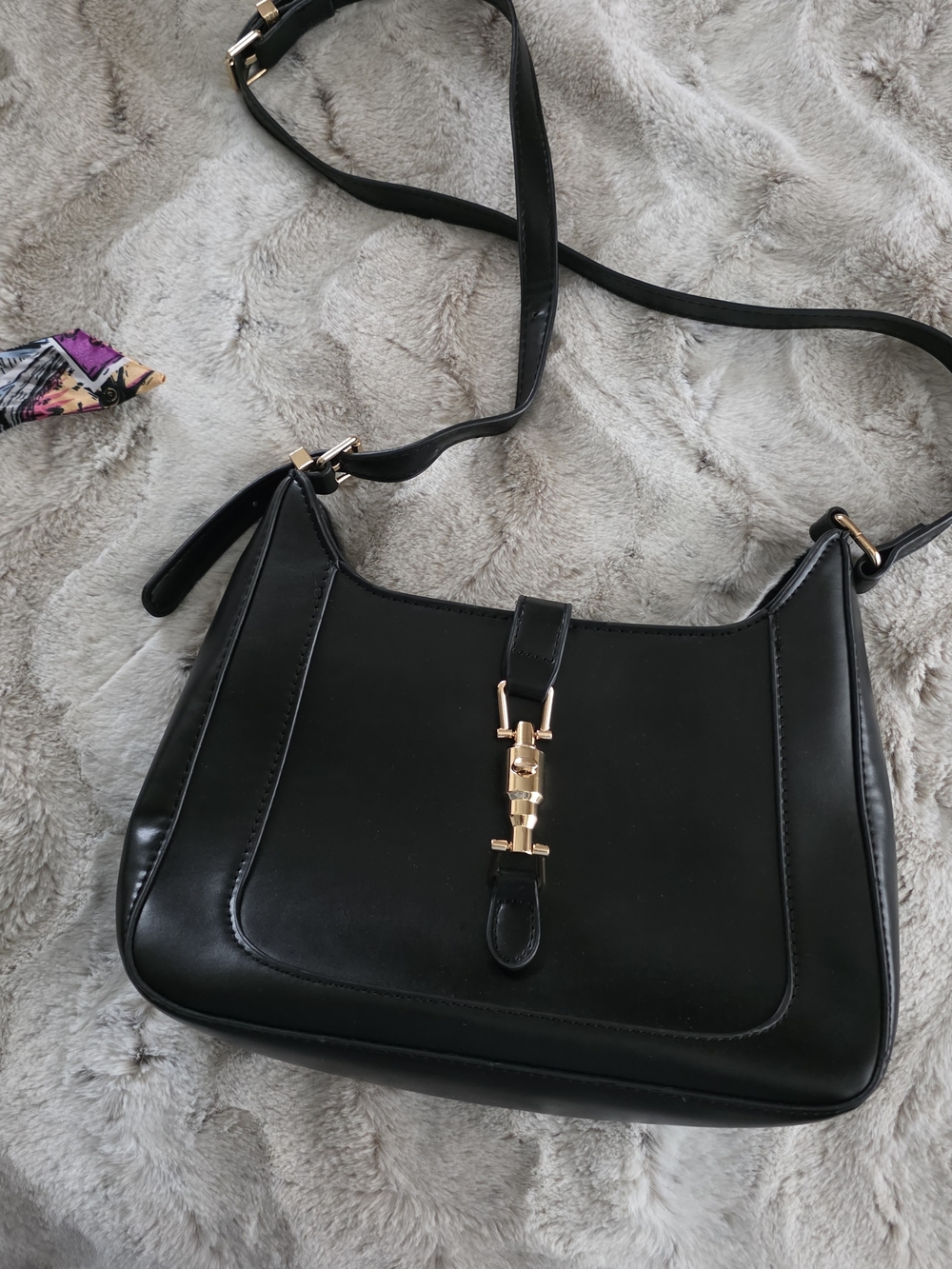 Women's Black Leather Look Shoulder Bag with Gold Accent